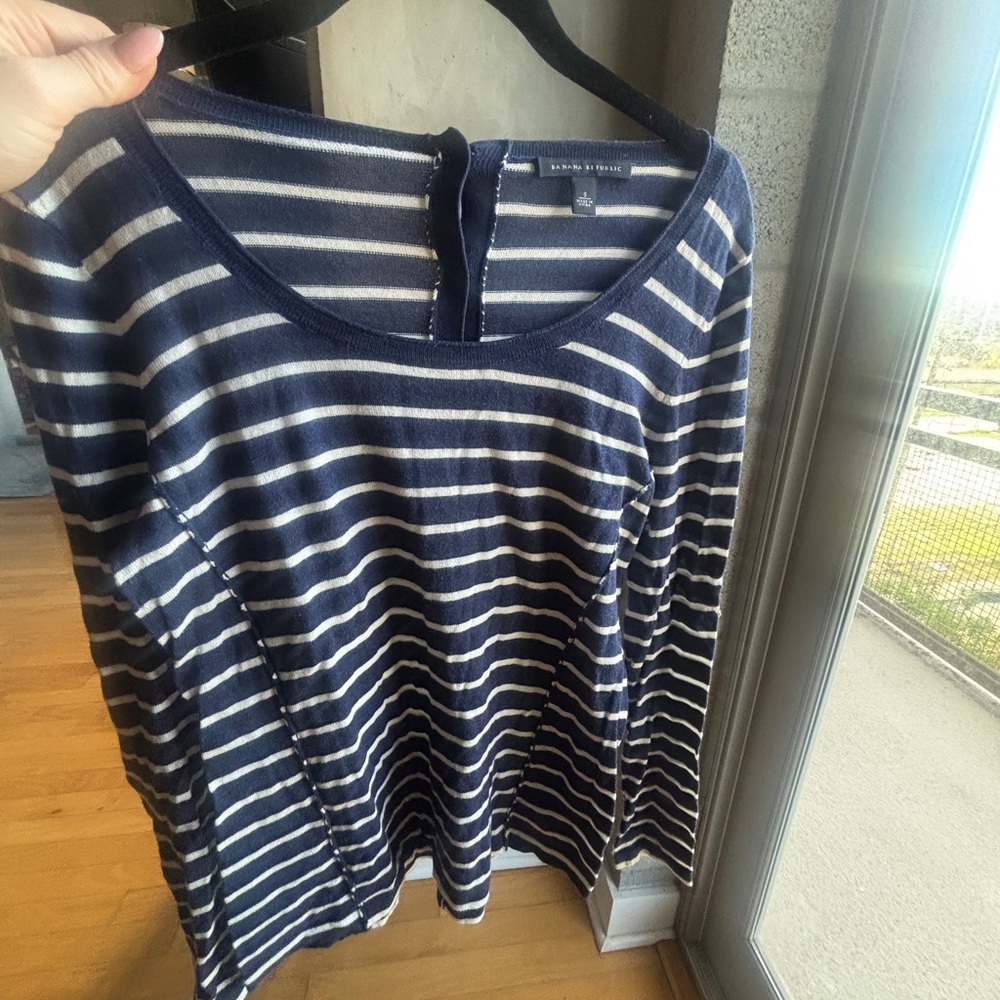 Banana Republic Navy and White Striped Long Sleeve Tee